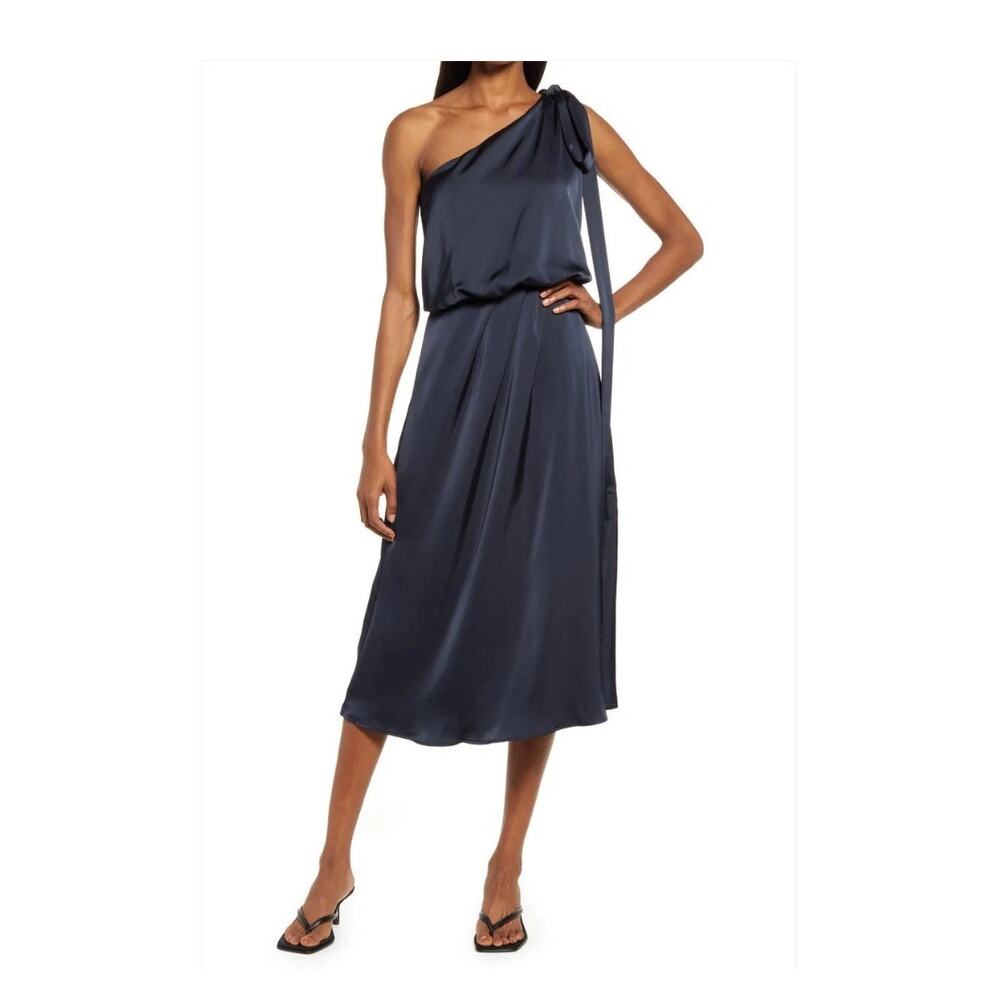 AMY LYNN GEMMA DRESS – NAVY BLUE – ONE SHOULDER – SIZE SMALL 46" LENGTH